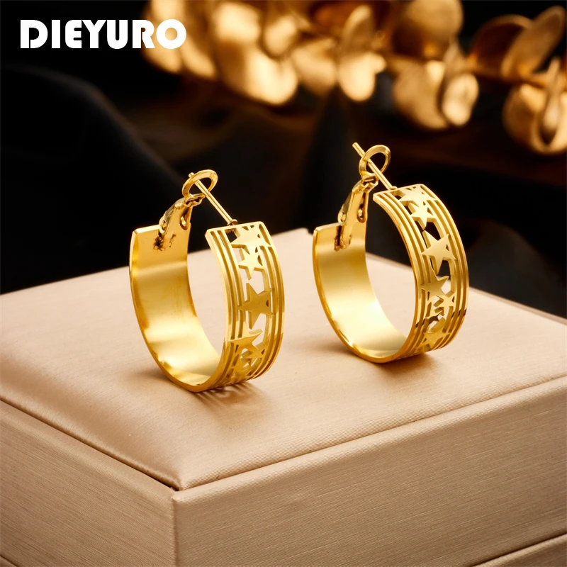 DIEYURO 316L Stainless Steel Gold Color Star Butterfly Leaf Hoop Earrings For Women Girl New Trend Non-fading Ear Jewelry Gift