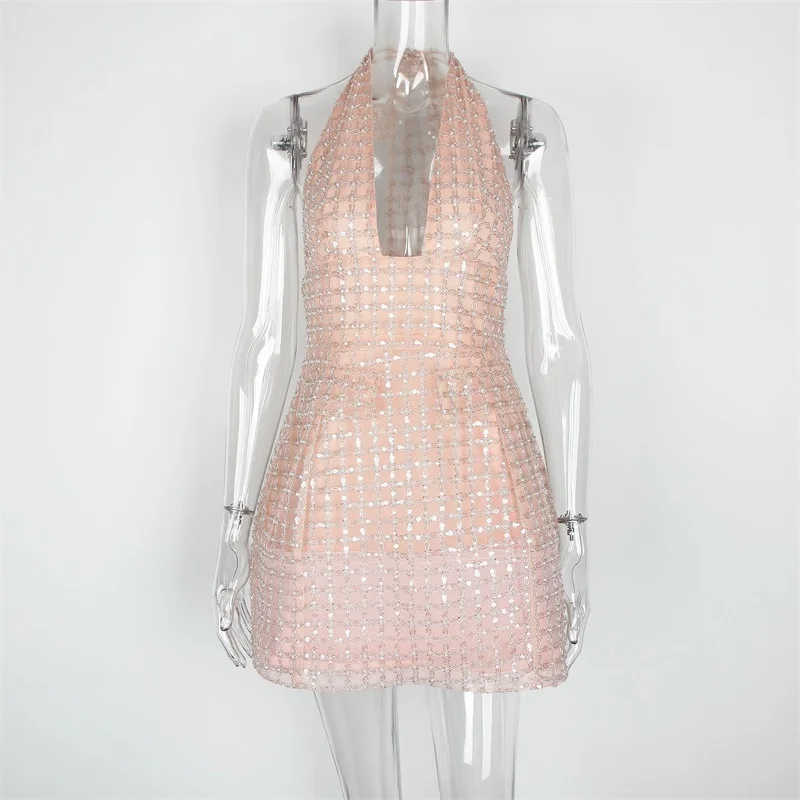 여성용 화려한 핑크 홀터넥 스팽글 미니 드레스, 깊은 V넥 앞면과 오픈 백, 반짝이는 파티 클럽웨어, 우아한 바디콘 드레스