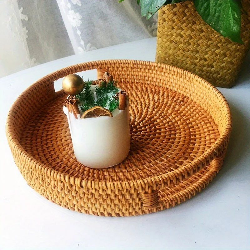 

Корзина для закусок с фруктами и закусками, плетеная из ротанга, поднос для чая с двойными ушками, круглая тканая корзина, настольная корзина для хранения