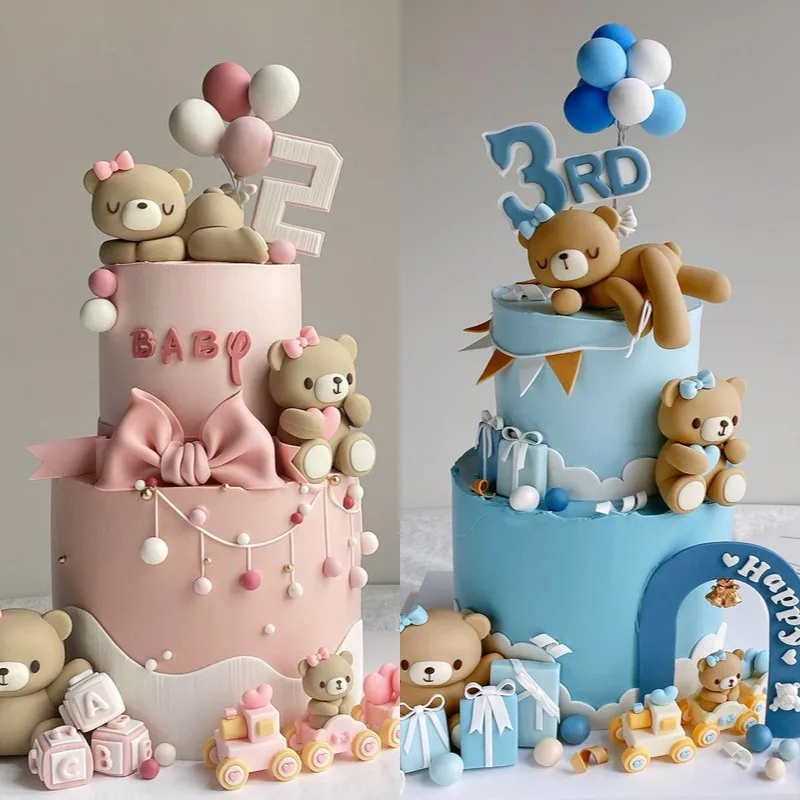 Pink Blue Bear Cake Topper Baby Shower Boy Girl Birthday Party Cake Decor Adult Birthday Gifts Wedding Cake Decorating Baking