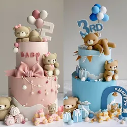 Pink Blue Bear Cake Topper Baby Shower Boy Girl Birthday Party Cake Decor Adult Birthday Gifts Wedding Cake Decorating Baking