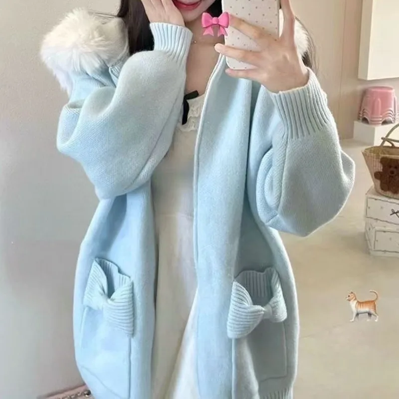 

Женский пушистый кардиган с капюшоном на молнии Kawaii, милые вязаные уютные свитера большого размера с кружевной отделкой для повседневной уличной одежды ​