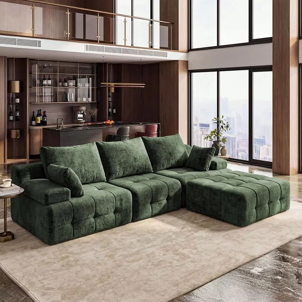 

Green 3-Seater L-Shape Couch with Ottoman, Chenille Fabric, Comfortable Cloud-Like Living Room Sectional Sofa