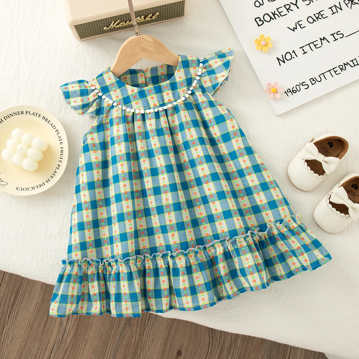 

Blue Flower Newborn Baby Girl Dresses Casual Plaid Princess Dress for Kids Girls 6Month-3Years Baby Wear