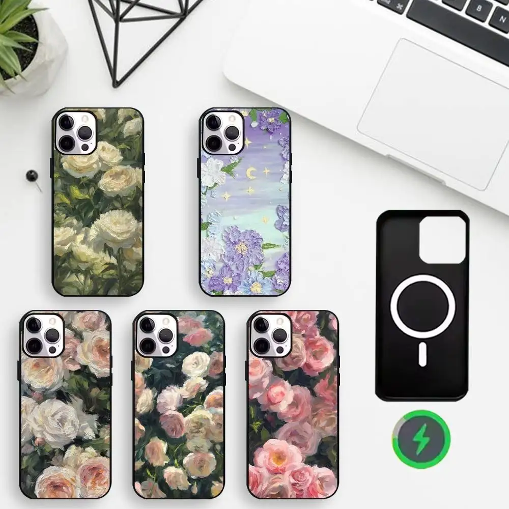 

Oil Painting Flower Phone Case For iPhone17,16,15,14,13,12,Wireless charging protective case soft cover