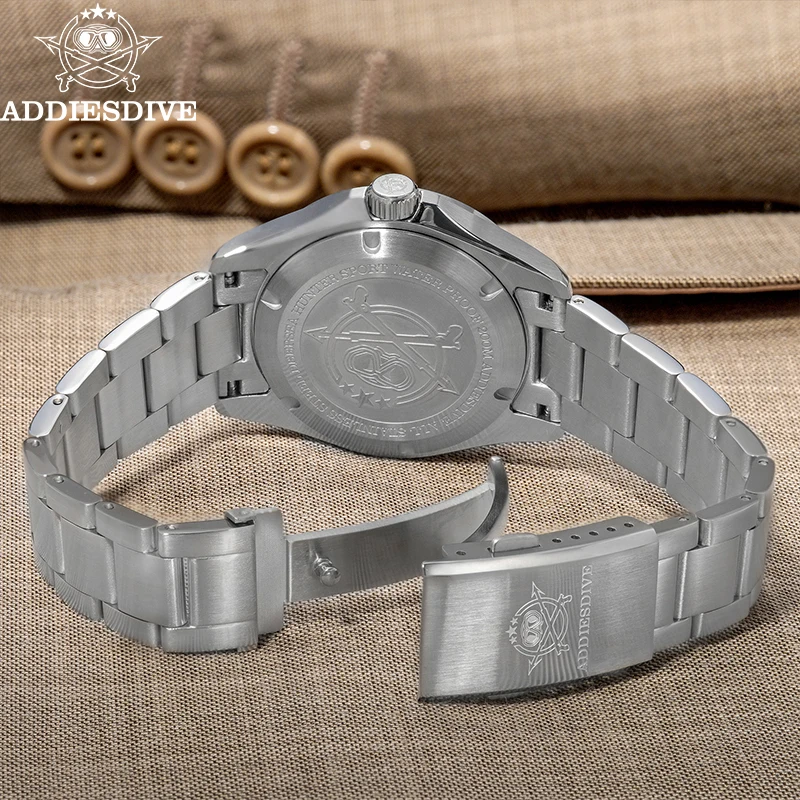 Addiesdive luxo de alta qualidade relógio quartzo masculino 38mm vidro safira duplo fuso horário relógio negócios 200m relógios aço à prova dwaterproof água