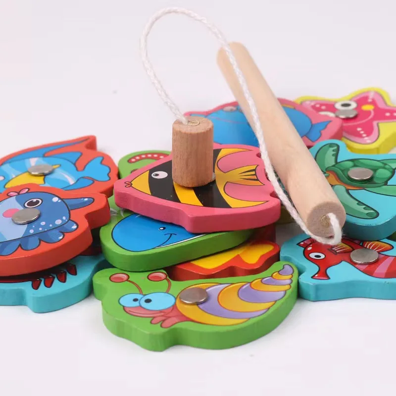 Montessori Wooden Magnetic Fishing Game Magnet Fish Catching Puzzle Educational Toys For Children Motor Skill Training Toy