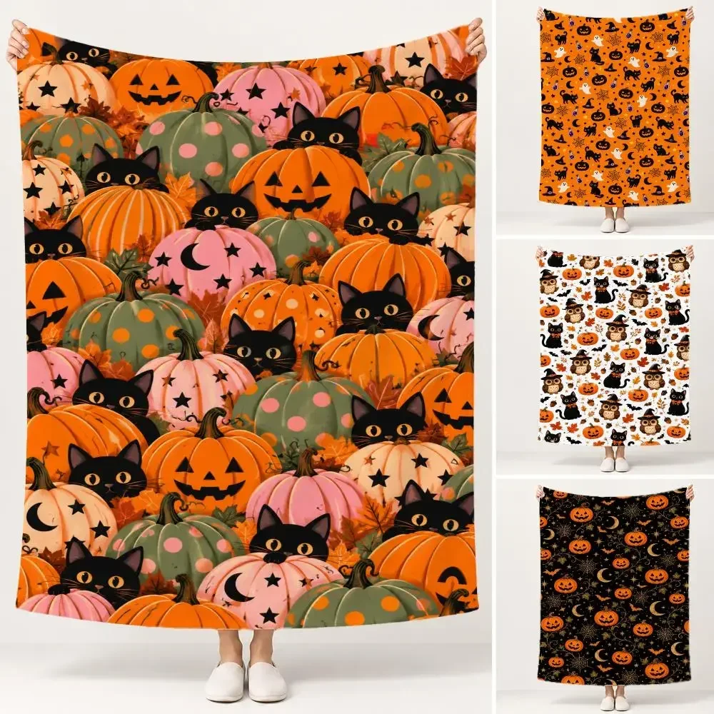 Halloween Black Cat Pumpkin Castle Pattern Throw Soft Plush Flannel Pet Blanket, Home Decor Cover for Sofa, Bed, Trip & Picnic