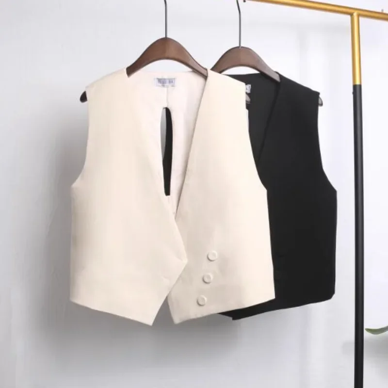 Black Beige Irregular Vest Coat Women Buttons Office Vest Femme Slim Outerwear Short Vest Coat Female Sleeveless Coat A412