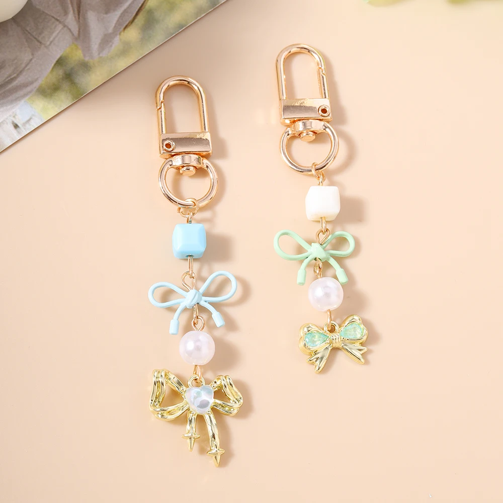 Aihua لطيف Y2K اللؤلؤ Bowknot سلاسل المفاتيح للنساء حلقات المفاتيح الفتيات Kawaii ظهره قلادة شريط لتعليق الهاتف المحمول سلسلة مجوهرات هدايا