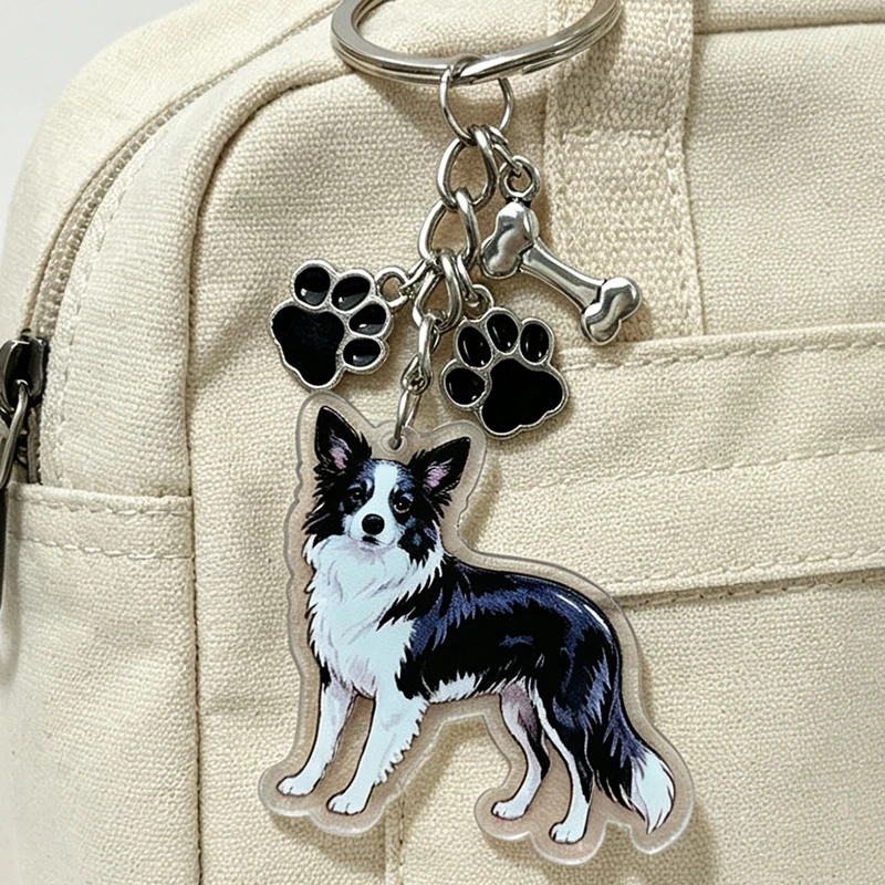 Acrylic Dog Keychain Border Collie Bulldog Yorkshire Poodle Cute Pet Paw Bone Charms Key Ring Backpack Pendant Gift For Dog Love