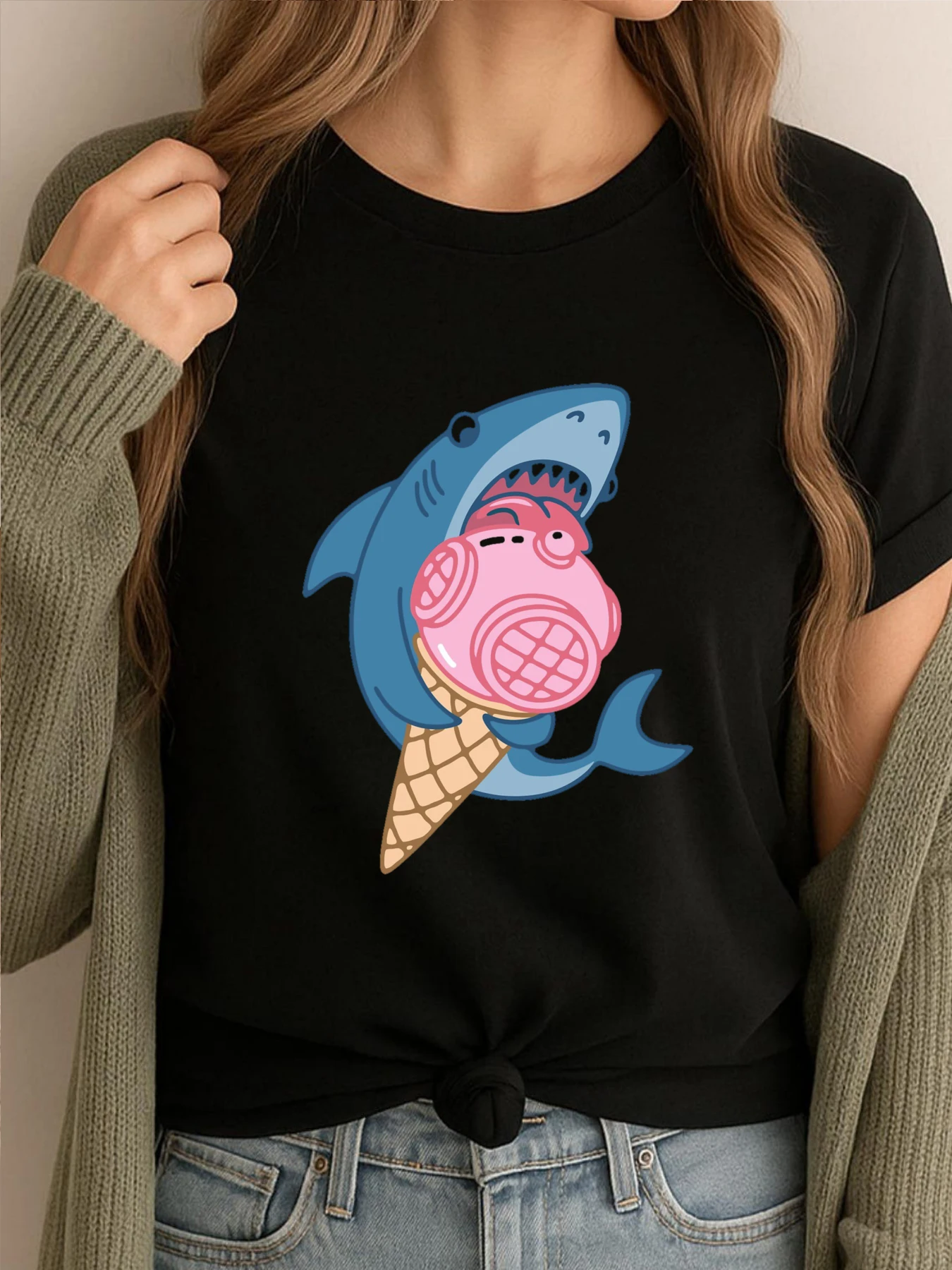 

Shark And Ice Cream Womens Korean Fashion High Quality Funny Tshirt Graphic Tees Female Comfortable Printed Clothes