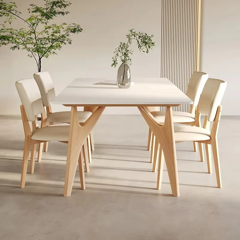 

Простой и стильный обеденный стол с деревянными ножками и столешницей из спеченного камня, прямоугольный, для дома, мебель для столовой.