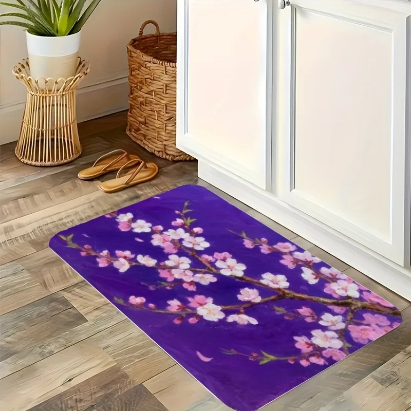 

1PC Peach blossoms Pattern Kitchen Rug Non-Slip Door Mat Pop design Bathroom Rug Bath Mat Carpet for Home Sink Laundry Decor