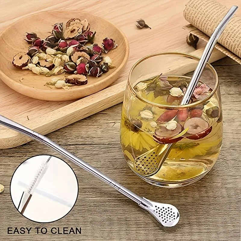 Stainless Steel Straw Spoon And Cleaning Brush, Drinking Spoon Straws With Filter, Metal Stirrer For Coffee Loose Tea Cocktail