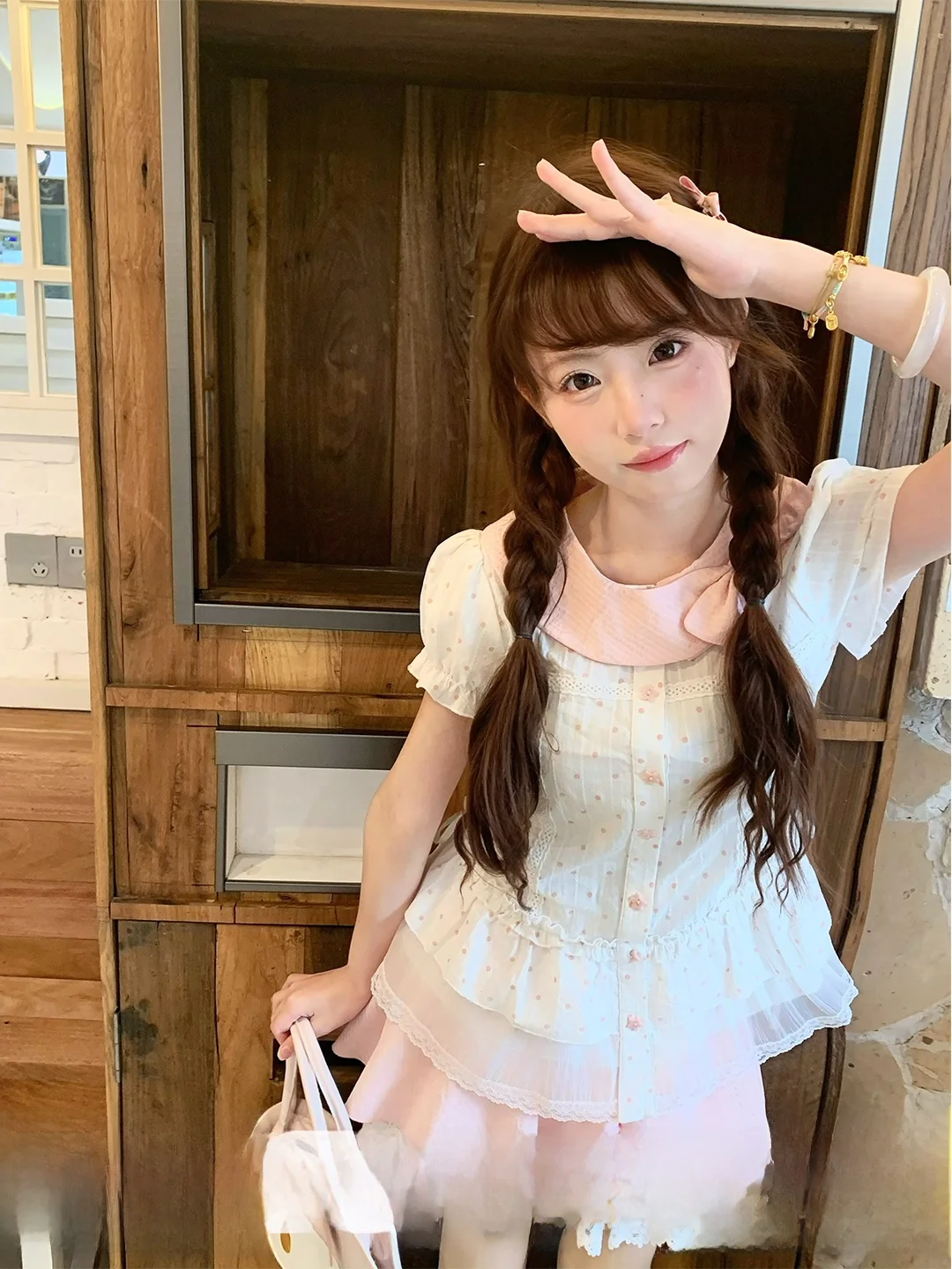 Slimming Effect Plaid Bubble Sleeve Doll Collar Half Skirt Women's Shirt Pink Lace Spring Summer Fashion Set Casual Workwear