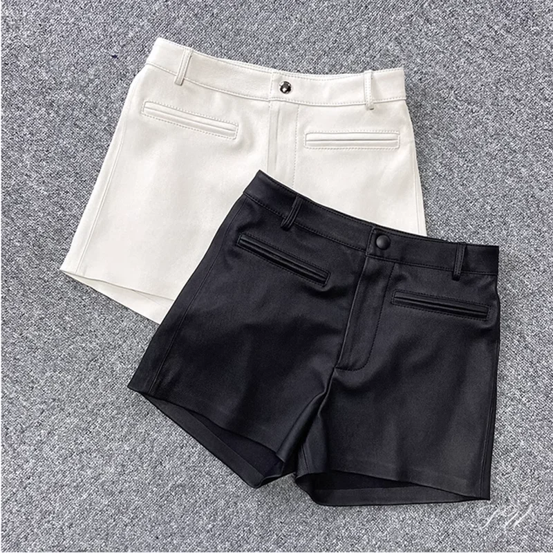 

Women Tight-Fitting Stretch 100% Sheepskin Spring Genuine Leather Casual Shorts Female Sexy Pure White\Black Boots Mini Shorts