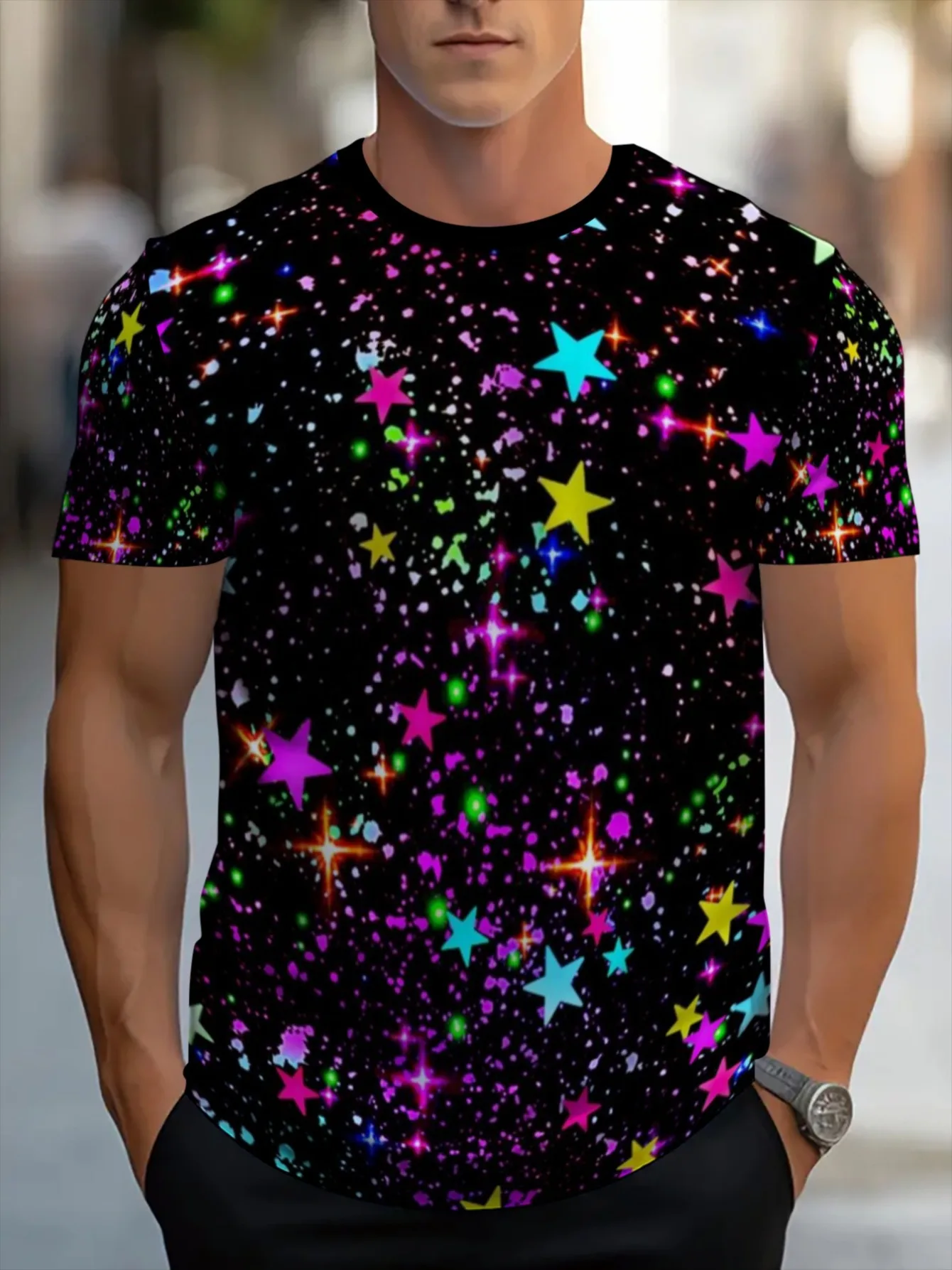 Men Colorful Glitter Star Galaxy 3D Print Crew Neck T Shirt Summer Short Sleeve Casual Street Tee