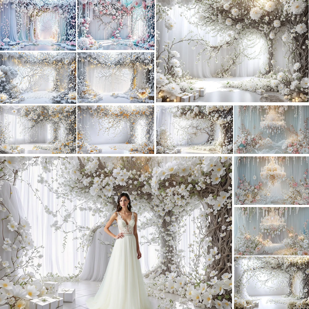 

MOON.QG White Flower Valentine's Day Curtain Photo Background Branch Backdrop Wedding Decoration Lover Portrait Shooting Props