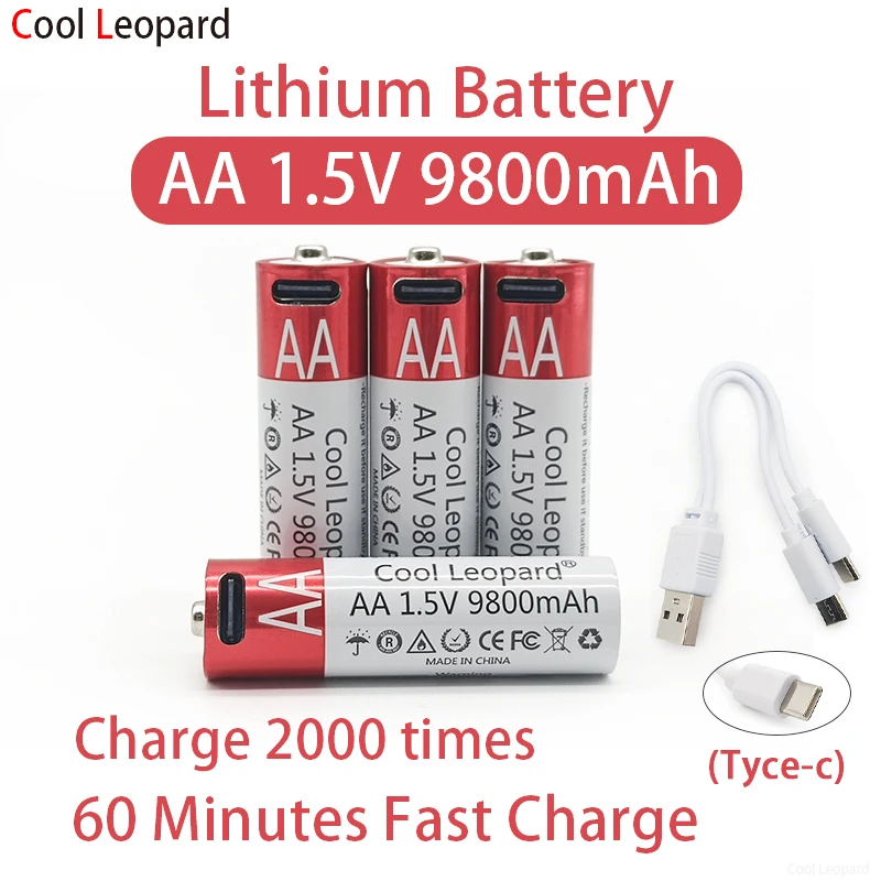 2022ใหม่1.5V AA 9800Mah แบตเตอรี่ลิเธียมชาร์จ USB,สำหรับรีโมทคอนโทรลเมาส์ Kipas Angin Kecil ไฟฟ้าของเล่นแบตเตอรี่ + สาย