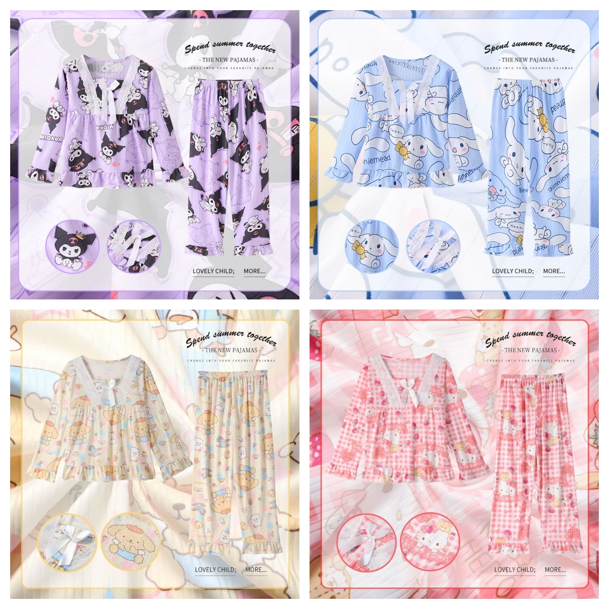 Lovely Sanrio Print Pajamas Cartoon Hello Kitty My Melody Kuromi Cinnamoroll Pochacco Kawaii Lace Bow Home Girl Clothes Set