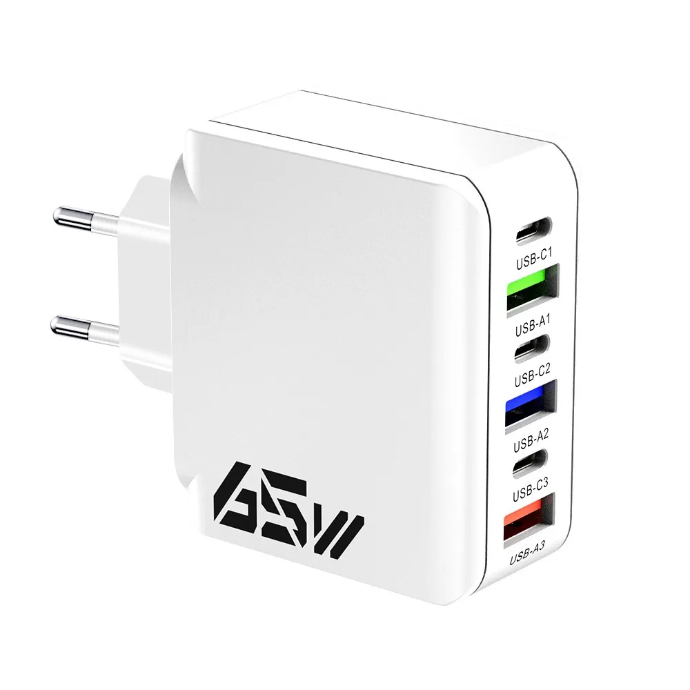 

6 Ports 65W Charger Plug EU/US/UK QC3.0 Phone Charger Adapter Fast Charging USB A+C for iPhone/Xiaomi/Samsung