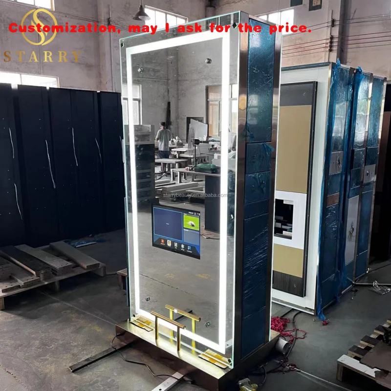 مخصص. محطات الحلاقة الذهبية المصنوعة من الفولاذ المقاوم للصدأ مزدوجة من جانب واحد LED محطة تصفيف مرآة صالون الشعر مع تلفزيون #1