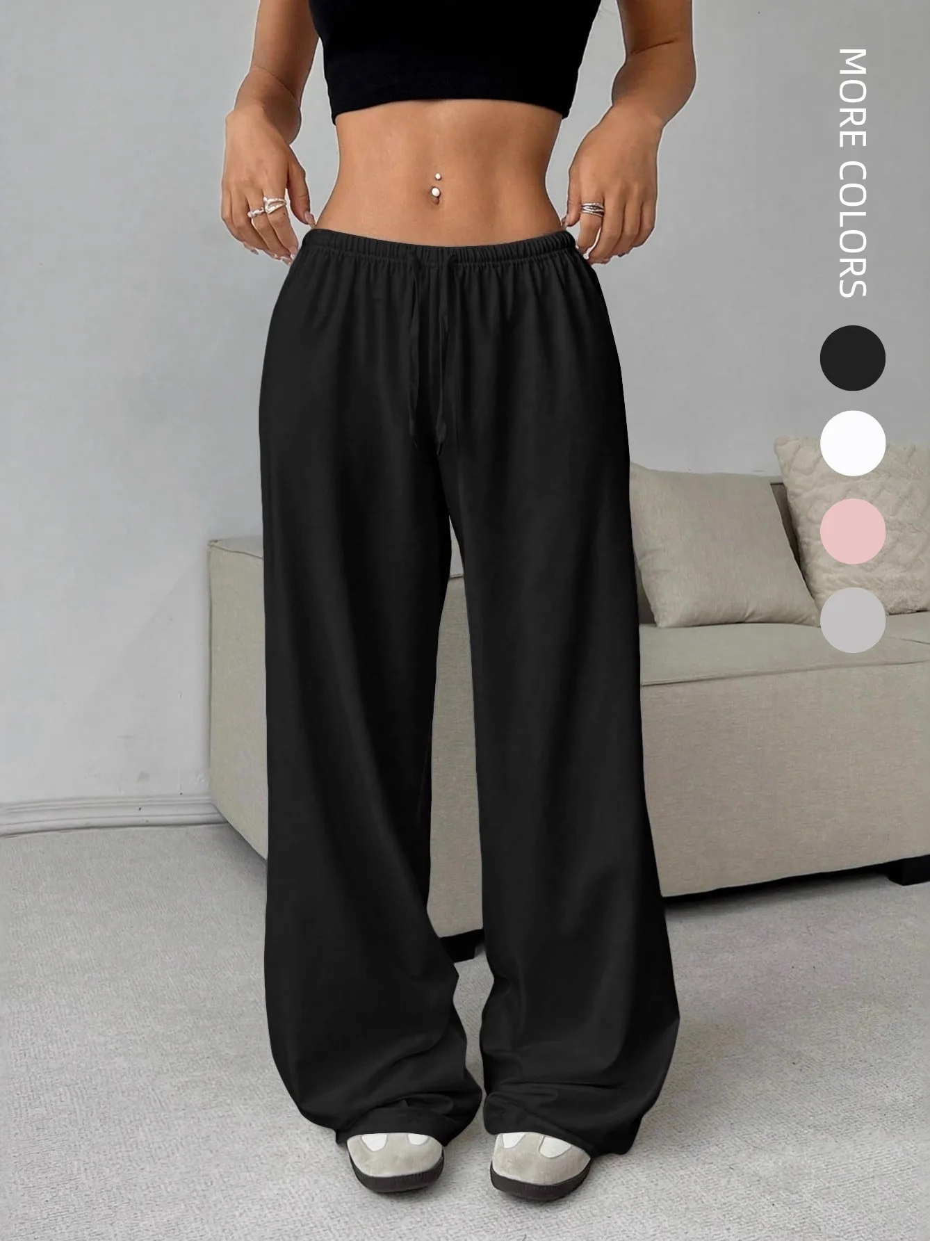 

Прямые брюки с эластичной резинкой на талии, брюки с низкой талией и веревочной застежкой, однотонные повседневные брюки для женщин, полиэфирное волокно