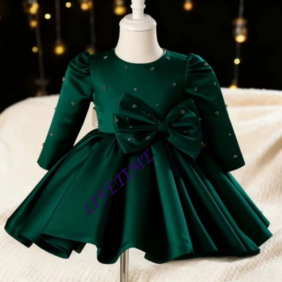 

Платье на день рождения по индивидуальному заказу для маленьких девочек, платье с жемчугом и длинными рукавами для крещения ребенка, платье-пачка с бантом, платье принцессы для девочек на вечеринку и свадьбу