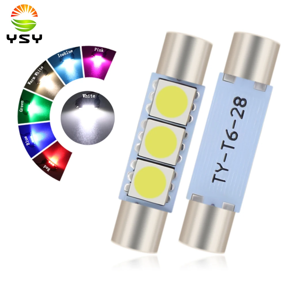 YSY 50Pcs Audio equipmen receiver Reading Light Festoon T6.3 C5W 29mm 31mm 3 SMD 3528 1210 LED 3SMD License plate light led bulb