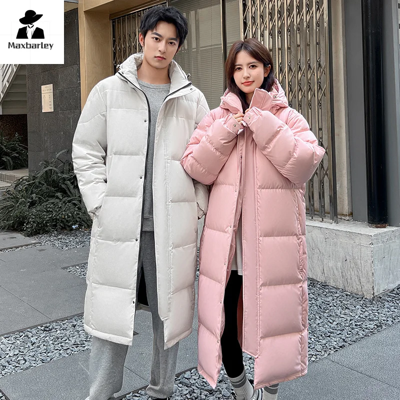 Brand Long Down Jacket Men's Winter 2024 Trendy Thick Hooded Duck Down Warm Coat South Korea Women's Ski Windproof Puffer Jacket