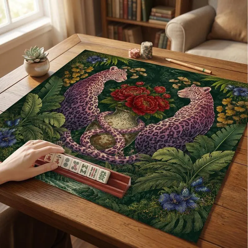 VIKAMA Jungle Purple Leopard Floral Mahjong Mat Noise Reducing Non Slip Pad Family American Mahjong Domino Cover