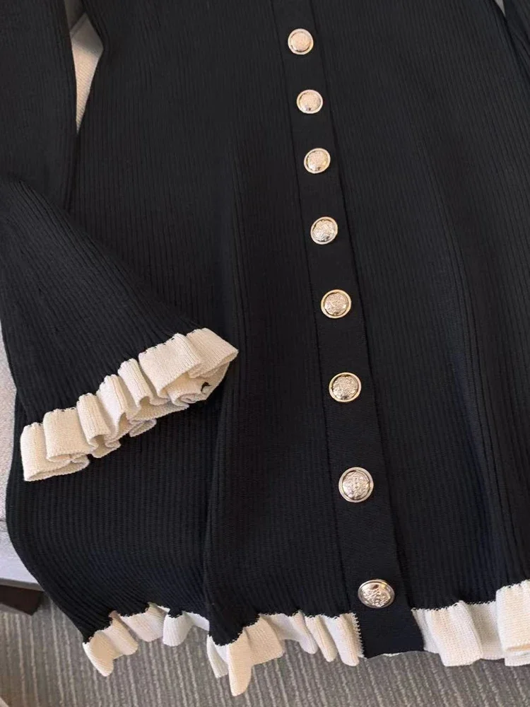 BWQ Autumn Winter French Fashion Old Money Long Sleeve Knit Dress Women 2000s V-Neck Frock Mini One-Piece Vintage Elegant