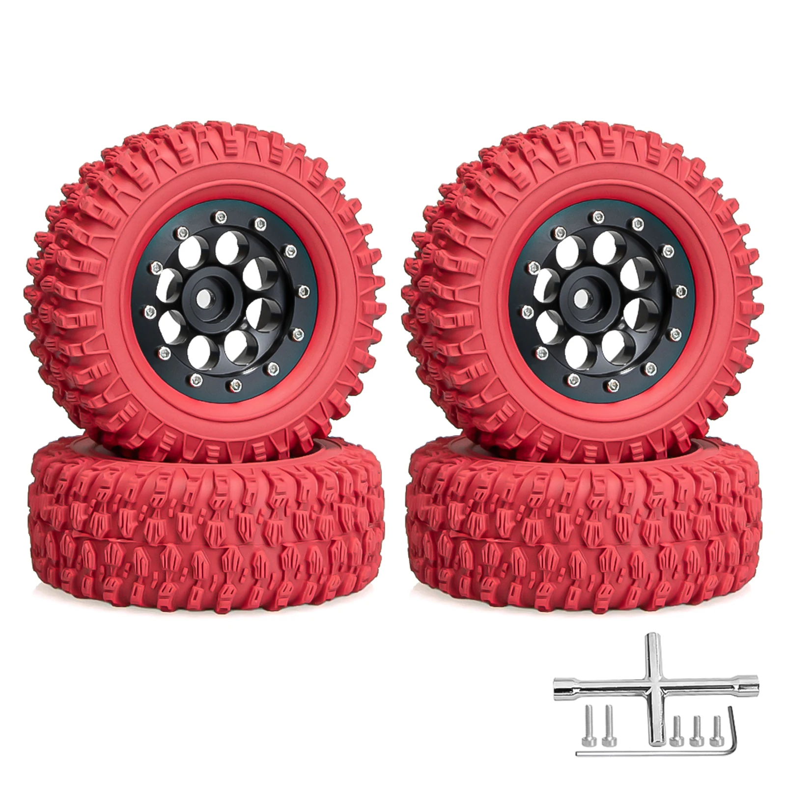 HFLRC 4PCS 1.3 RC Crawler Tires Beadlock Aluminum Wheels 65mm High Grip Rubber Offroad Tire 1/18 Axial SCX24 Upgrade Parts Set