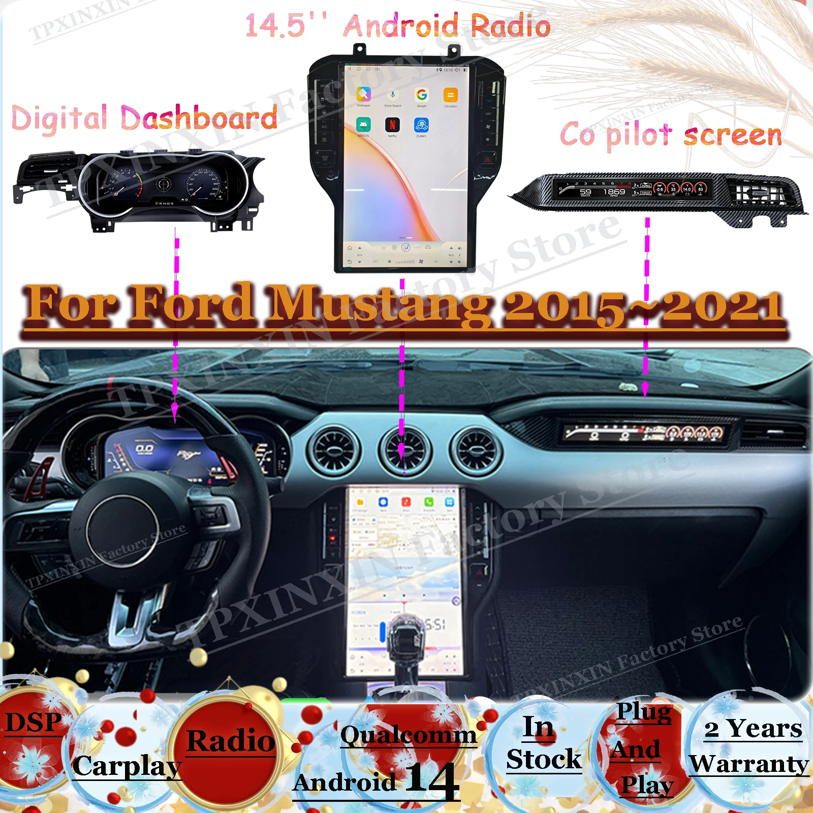 14.5 Multimedia Android Auto Vertical Screen Radio Receiver For Ford Mustang 2015~2021 Car GPS Navigation Player Video Head Unit