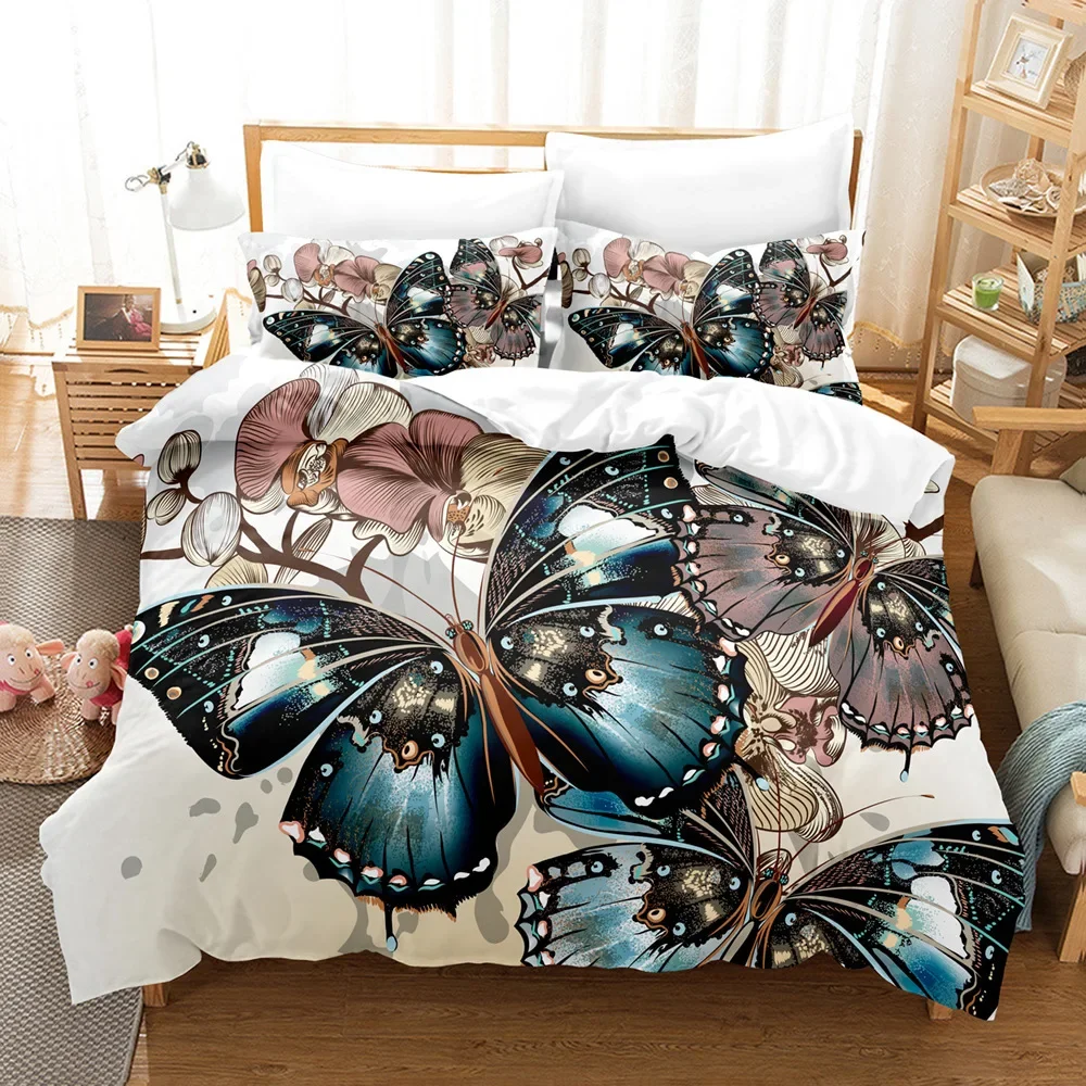 Butterfly Duvet Cover King/Queen Size,Beautiful Blue Shiny Butterflies Print Soft Bedding Set for Kids Teens Girls,2 Pillowcases