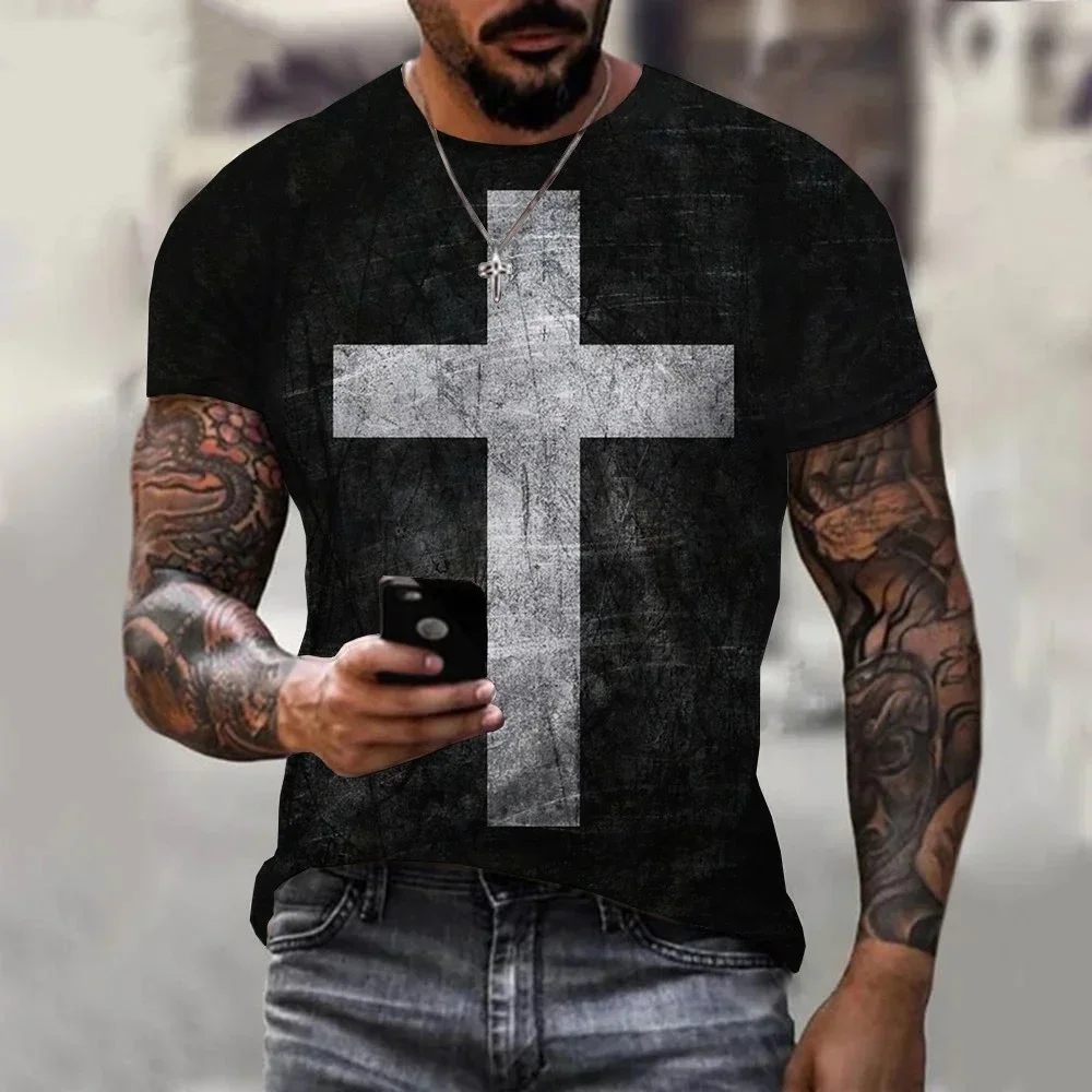 Christian Mens Clothing T Shirts Oversized T Shirt Gothic  Jesus Christ Cross 3D Print O-neck Tops Vintage Hip Hop Short Sleeve