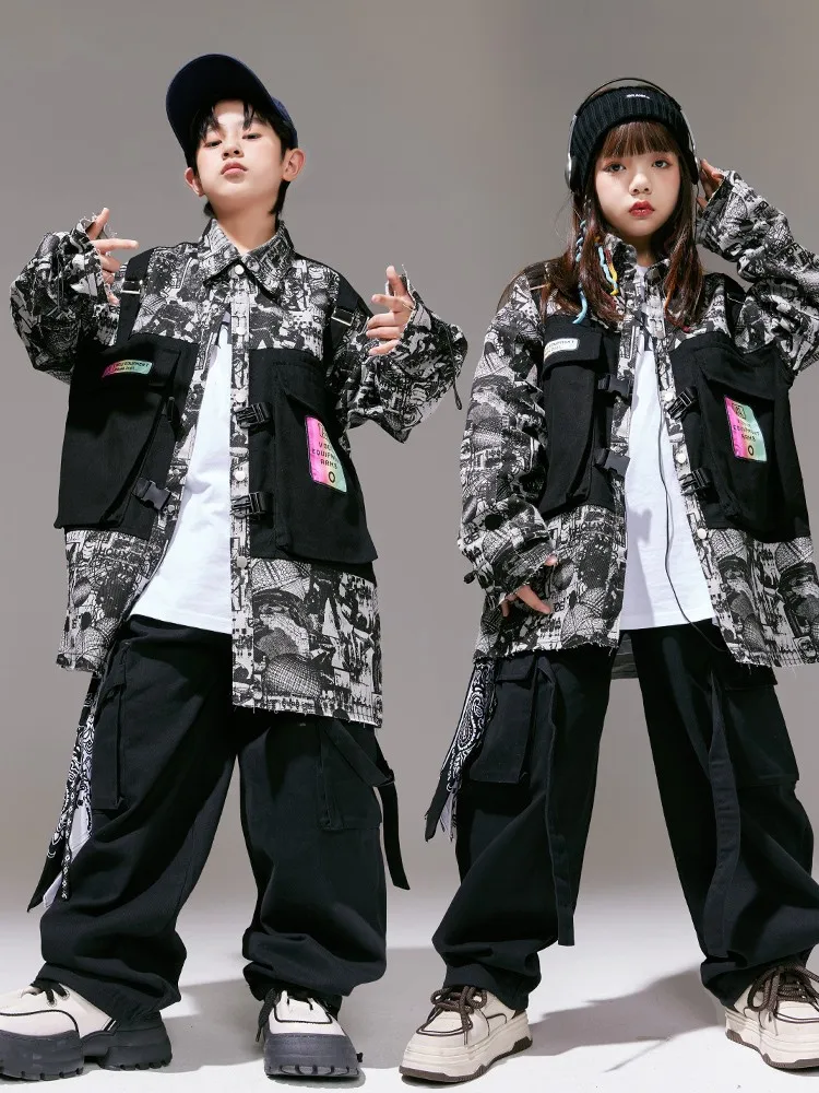 2023 New Jazz Modern Dance Costumes For Kids giacca allentata pantaloni Cargo Suit Girls Hip Hop Dance Performance Rave Clothes DQS14597