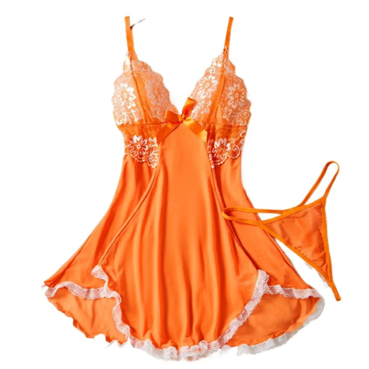 Women Elegant Satin Babydoll Sleep Dress Set With Soft Underwear Sleeveless Delicate Bow Front Lace Comfortable Nightwear