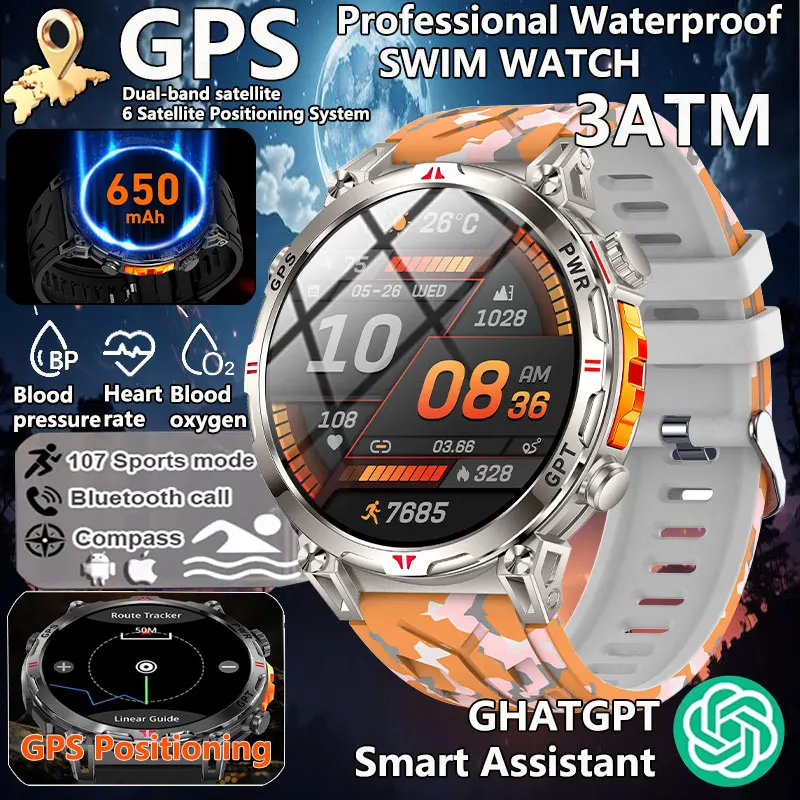 2025 Men's Smart Watch GPS GPT AMOLED Heart Rate Blood Oxygen Blood Pressure Monitoring BT  Call 3ATM Waterproof Smartwatches