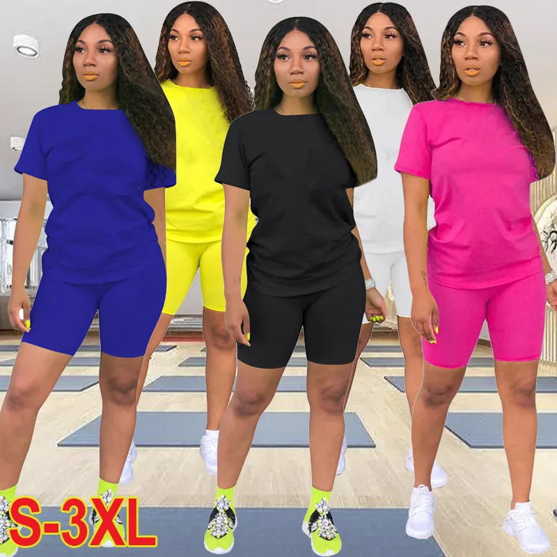 

Newest Women Solid Sport Quick Dry T Shirt Set Casual Two Piece Set Short Sleeve Tee Top Biker Shorts Above Knee Pants Suit Trac