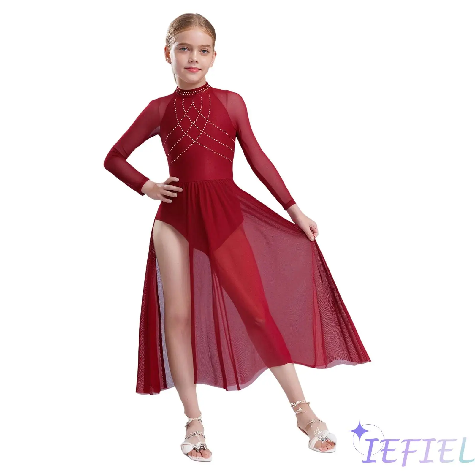 

Girls Lyrical Dance Costume Shiny Rhinestones Sheer Mesh Patchwork Flowy Split Dress Keyhole Back Long Sleeve Leotard Dresses