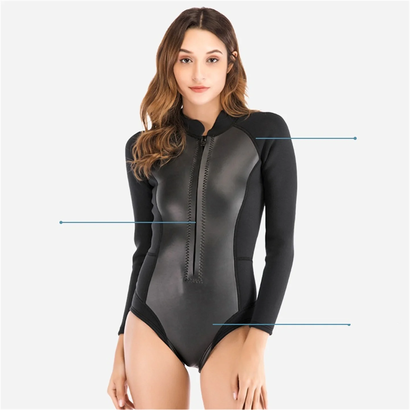 Summer Women 1.5MM Neoprene And Leather Bikini Wetsuit Long Sleeve Diving Suit Sun-proof Surfing Snorkeling One-Piece Swimwear
