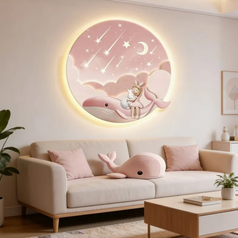 Children's room LED wall lamp - Girl's pink novel and creative cartoon castle - Painting for children's bedroom LED lamp