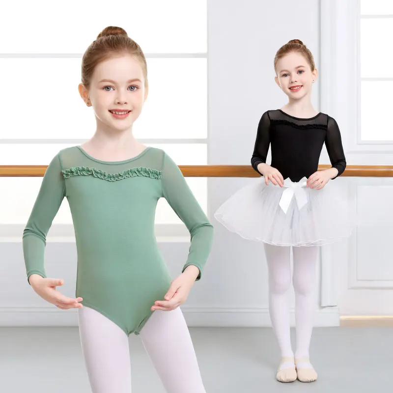 Girls Ballet Leotards Mesh Splice Long Sleeves Dance Leotards Child Gymnastic Leotard Kids Cotton Lace Ballet Dance Bodysuit