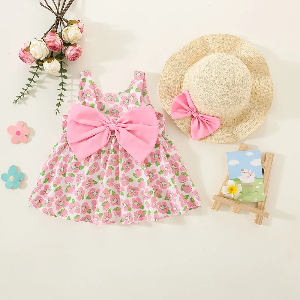 

Summer New Baby Girl Dress And Hat Big Bow Floral Print A-Line Dress Pleated Sweet Princess Dress Birthday Party Team Dress