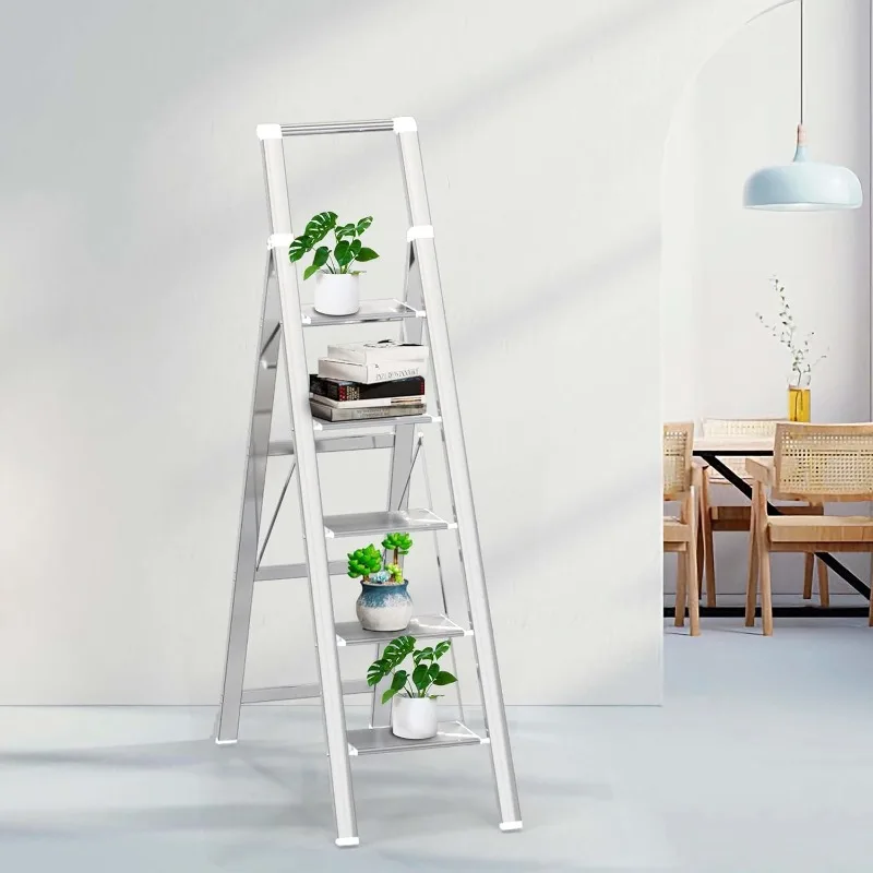 5 Step Ladder for 10 Feet High Ceiling, Lightweight Folding Step Stool with Convenient Handgrip, Stepladders with Anti-Slip