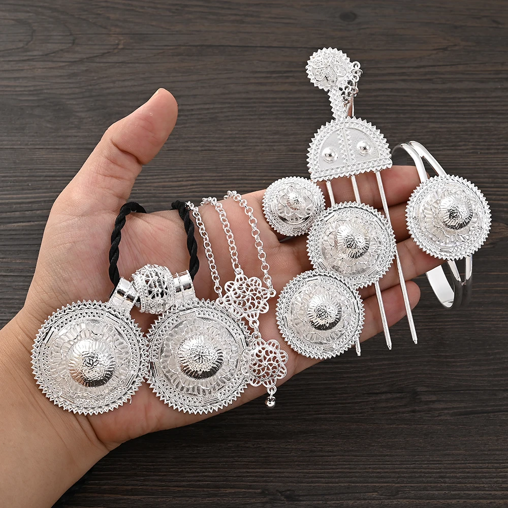 Silver Color Bridal Jewelry Sets Women Ethiopian Pendant Hairpin Necklace Earrings Bangle Ring Arab Wedding Party Gift