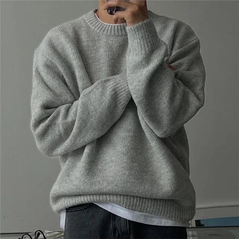 Grey round Neck Knitted Sweater Casual Loose Fit Soft Cozy Autumn Winter Men's Inner Wear Outerwear Comfortable Long Sleeve Top