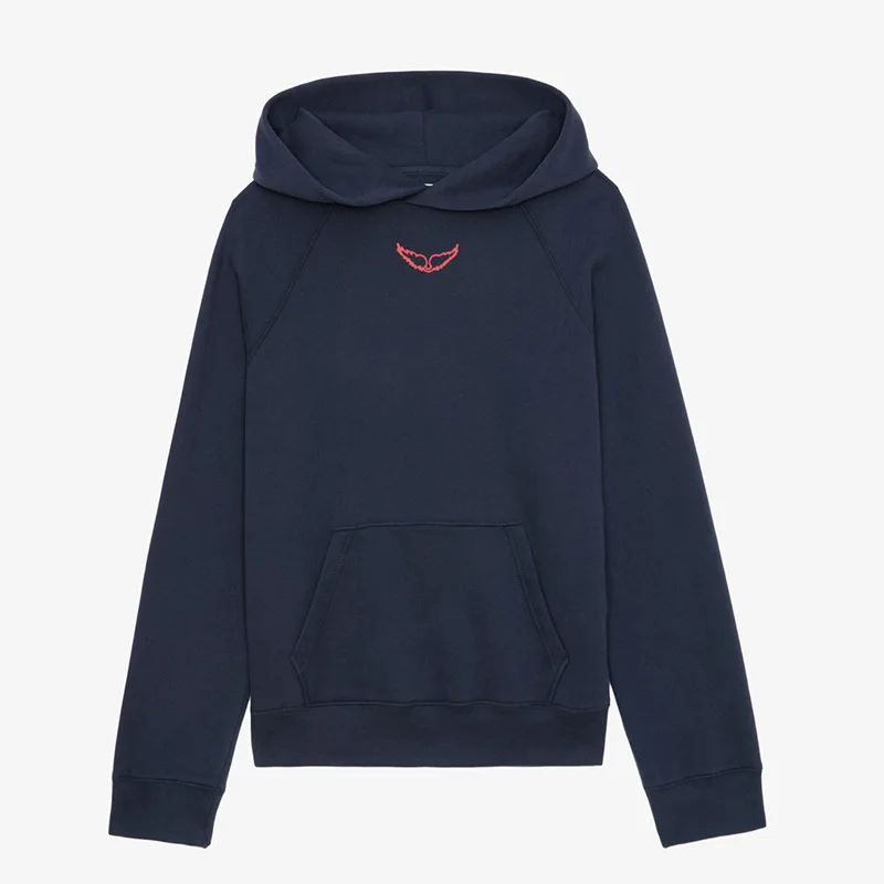 Zadig Navy Blue Hoodies Women Casual Pink Letter Hooded Sweatshirt Female Padded Wing Hoodie Cotton New Pullover 2024 Winter